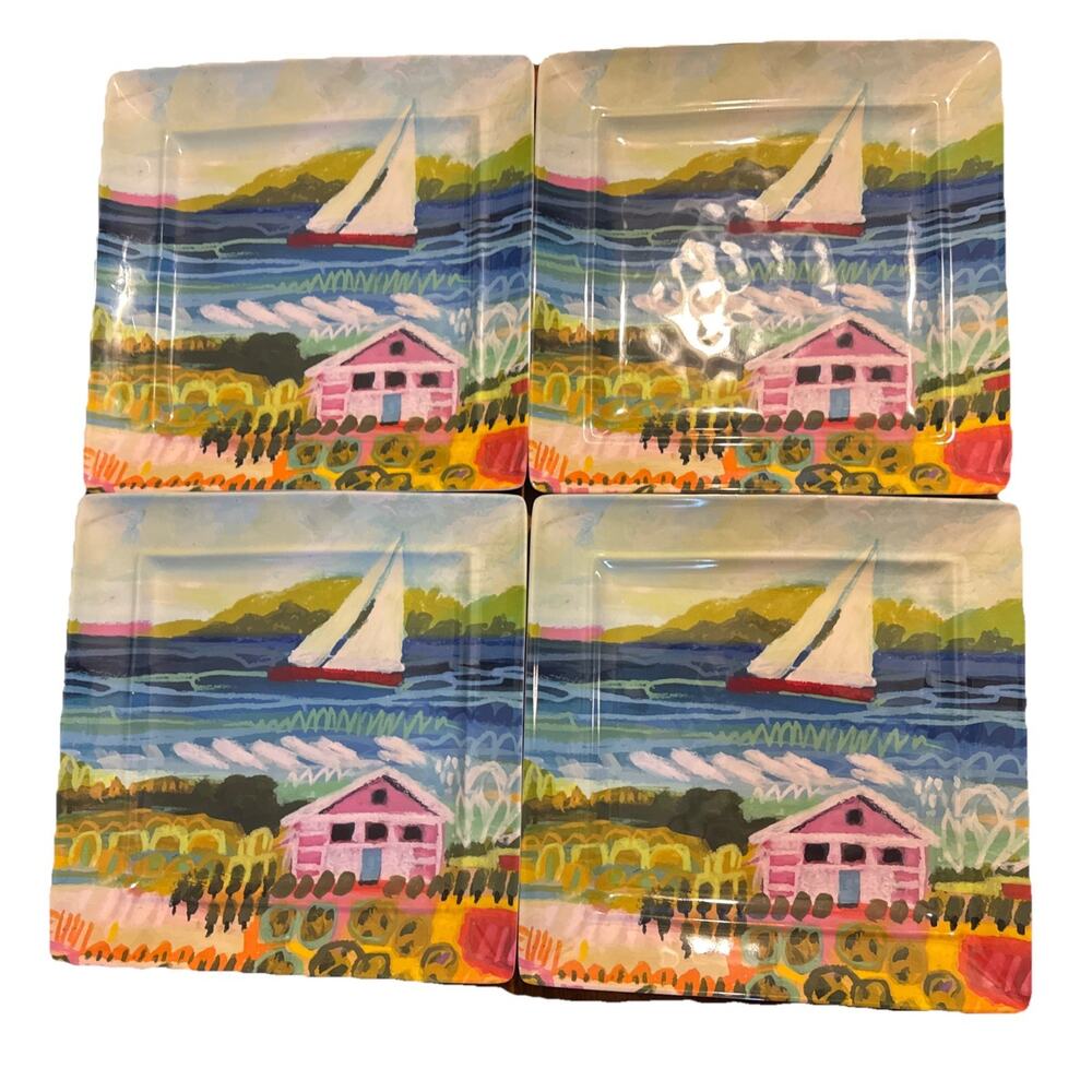 Tommy Bahama Set of 4 Coastal Sailboat Melamine Dinner Plates Island Beach Patio